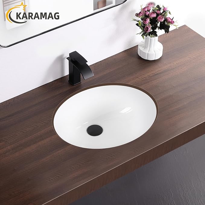 Undermount Bathroom Sink KARAMAG 18.4"x15" Oval Sink with Overflow White | 18.4 Inch Ceramic Oval Vanity Sink,Undermount Design,Easy to Clean,Modern Style,Ideal for bathroom,vanity, lavatory,restroom