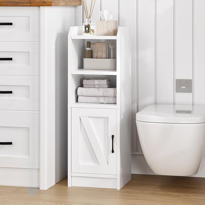 Narrow Bathroom Storage Cabinet with Door & Adjustable Shelf, 9.8" W Slim Storage Cabinet for Small Spaces, Skinny Toilet Paper Cabinet, 9.8" W × 7.9" D × 29.5" H, White