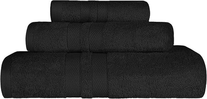Superior Ultra-Soft 3-Piece Cotton Towel Set, Daily Use for Bathroom, Guest Room, Quick Dry, Set Includes 1 Bath Towel, 1 Hand Towel and 1 Washcloth, Essential Plush Towels for Home, Black