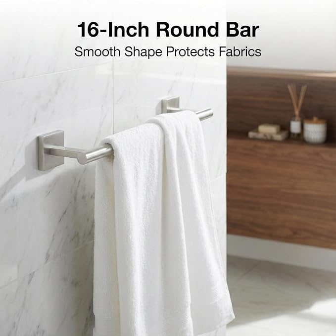 16 in 5-Piece Bathroom Hardware Set, Brushed Nickel | SUS304 stainless steel, towel bar, towel ring, toilet paper holder, 2 robe hooks, hidden screw mount