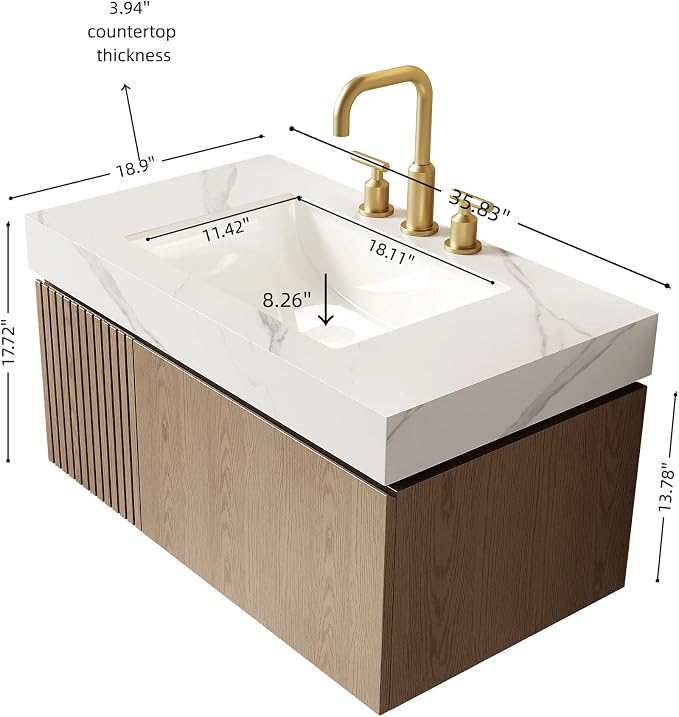 KEIKI 36 Inch Floating Bathroom Vanity with Sink, Light Brown & White | Modern Wall Mounted Storage Cabinet w/ Drawer & Door, Pre-assembled Wood Panels, Sintered Stone Top & Ceramic Basin Combo Set