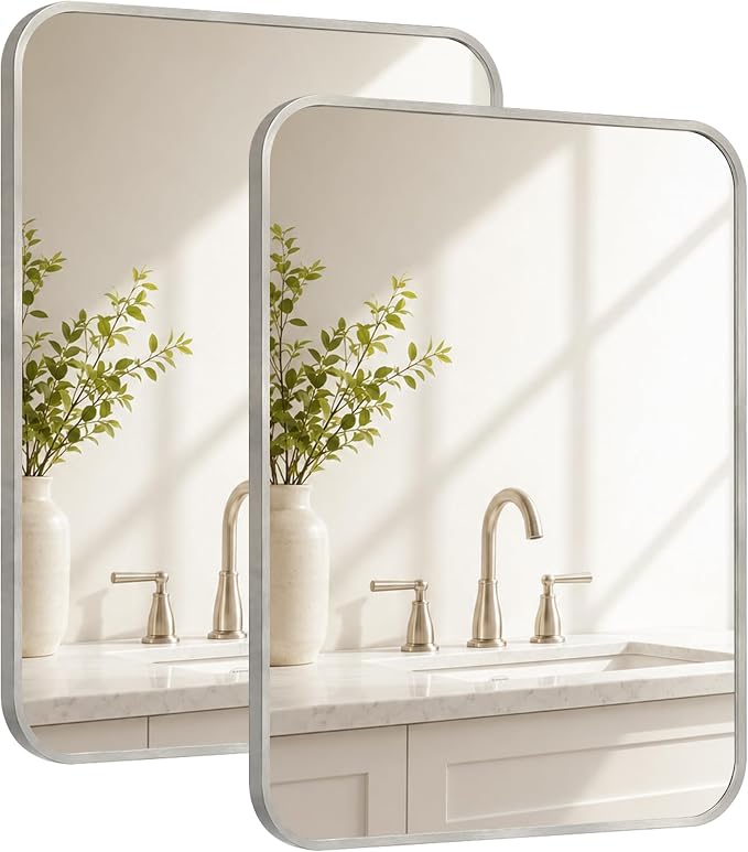 2-Pack 22x30 Inch Brushed Nickel Rounded Rectangle Vanity Mirrors | Double Vanity or Two Bathrooms, Pair or Separate Use, Aluminum Frame, Slim Front Profile, Two-Way Mount