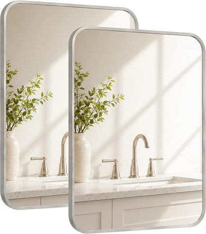 2-Pack 22x30 Inch Brushed Nickel Rounded Rectangle Vanity Mirrors | Double Vanity or Two Bathrooms, Pair or Separate Use, Aluminum Frame, Slim Front Profile, Two-Way Mount