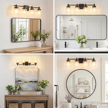 4 Light Bathroom Light Fixtures Farmhouse Black Vanity Lights | ETL Certificate, Easy to Install,Wall Mount Up or Down,Hammered Glass Lampshade,E26 Socket,Hardwired,120V