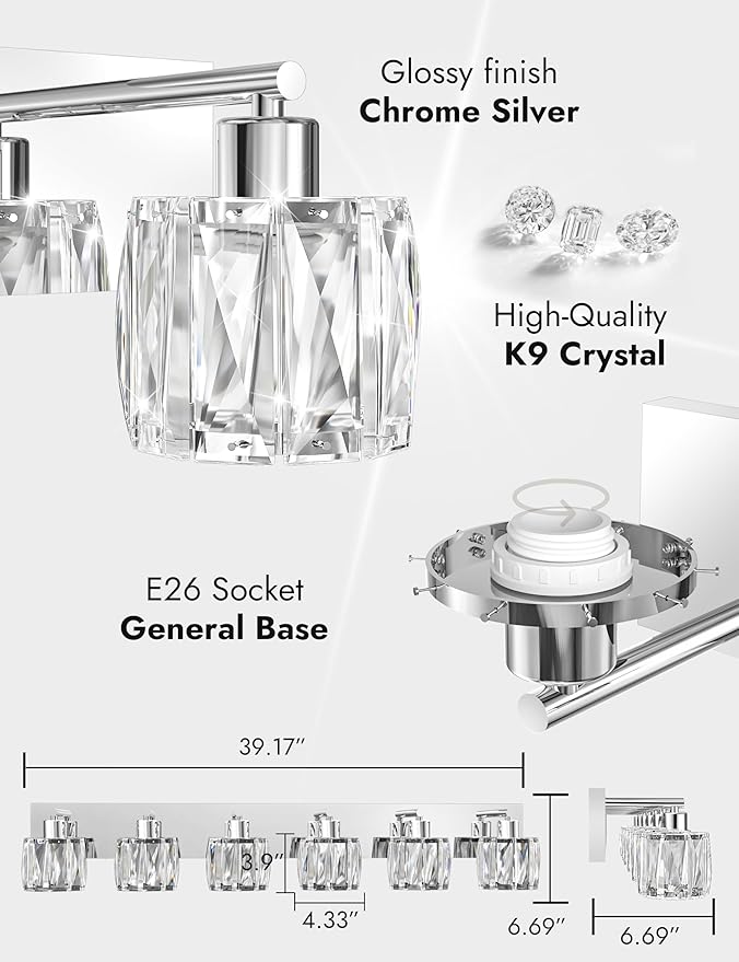 VOLISUN Crystal Vanity Lights - 6 Light Modern Stainless Steel Bathroom Light Over Mirror, Chrome Finish - UL Certificated (Exclude Bulb)