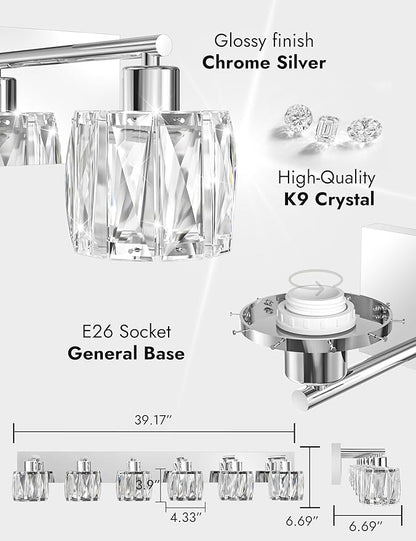 VOLISUN Crystal Vanity Lights - 6 Light Modern Stainless Steel Bathroom Light Over Mirror, Chrome Finish - UL Certificated (Exclude Bulb)