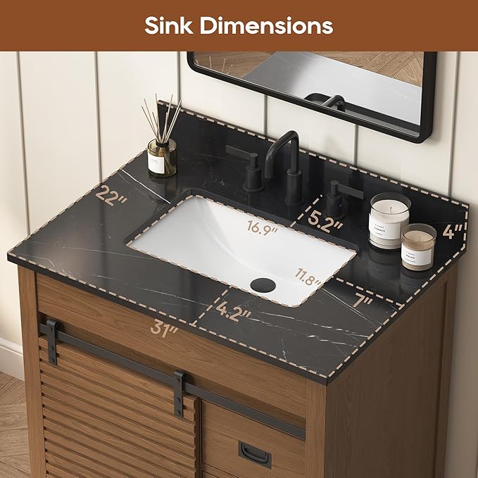 30 Inch Bathroom Vanity with Sink, Farmhouse Solid Wood Frame Vanity with Sink, Sliding Barn Door Bathroom Storage Cabinet with Soft-Closing Dovetail Drawers, Brown Oak