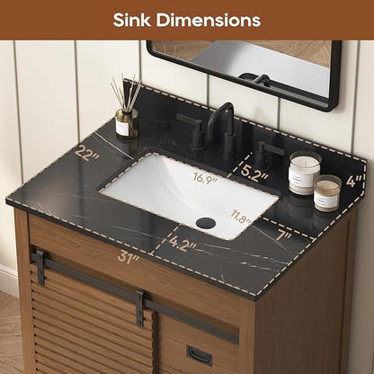 30 Inch Bathroom Vanity with Sink, Farmhouse Solid Wood Frame Vanity with Sink, Sliding Barn Door Bathroom Storage Cabinet with Soft-Closing Dovetail Drawers, Brown Oak