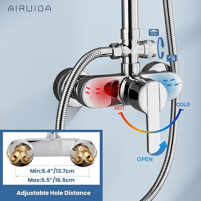 Airuida Exposed Shower System, 8 Inch Rainfall Shower Head with Handheld Spray, Single Handle Wall Mount Shower Faucet Set, Solid Brass Dual Function Exposed Pipe Fixture for Bathroom,Chrome Polish