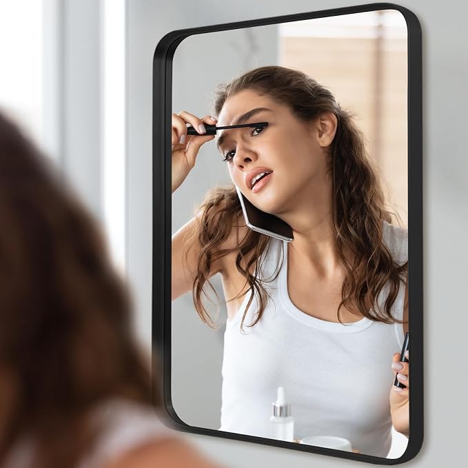 Anpark Wall Mirror 30" x 40" for Bathroom Black Metal Deep Frame Mirror for Wall Decorative Rectangular Round Corner Wall Mounted Vanity Mirror for Bedroom Living Room Entryway Wall Decor