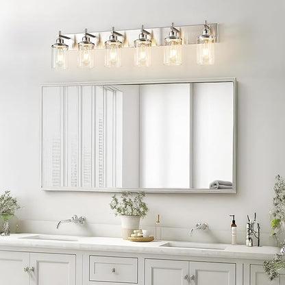 6-Light Brushed Nickel Bathroom Light Fixture Over Mirror Modern Bathroom Vanity Light Vintage Wall Lighting with Clear Glass Shade for Bathroom, Bedroom, Hallway, Cabinet