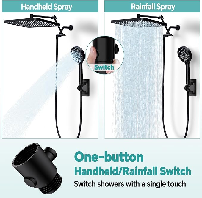 13" Rainfall Shower Head with Handheld Spray, Button Switch by Handheld | Waterfall Showerhead , 3-Modes Spray, Adjustable Extension Arm, 71 Inches Stainless Steel Hose(Matte Black)