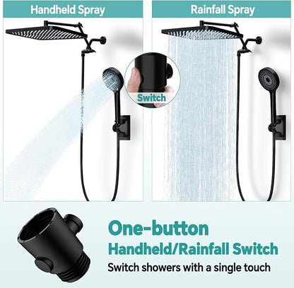 13" Rainfall Shower Head with Handheld Spray, Button Switch by Handheld | Waterfall Showerhead , 3-Modes Spray, Adjustable Extension Arm, 71 Inches Stainless Steel Hose(Matte Black)