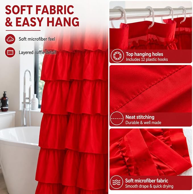 Red Ruffle Shower Curtain for Bathroom, 72x72, Cottagecore Rural Farmhouse | Cascading Layered Ruffles, Standard 72" x 72" Fits Most Tubs & Showers, 12 Hooks Inclouded, Machine Washable, Soft Microfiber