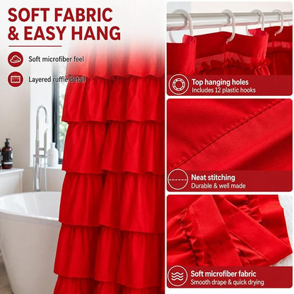 Red Ruffle Shower Curtain for Bathroom, 72x72, Cottagecore Rural Farmhouse | Cascading Layered Ruffles, Standard 72" x 72" Fits Most Tubs & Showers, 12 Hooks Inclouded, Machine Washable, Soft Microfiber