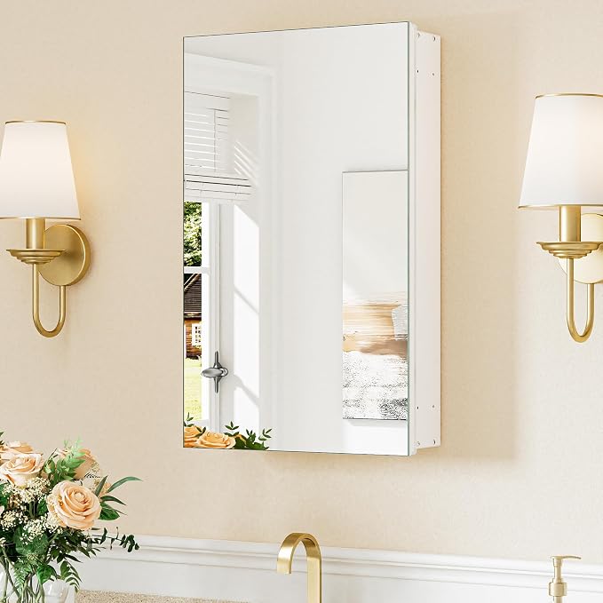 Keonjinn White Bathroom Medicine Cabinet Mirror 14 x 24 in, Tempered Glass | Effortless Assembly, Adjustable Shelves, Wall Mount or Recessed, Soft Close with DTC Hinges, Lightweight, Clear Reflection