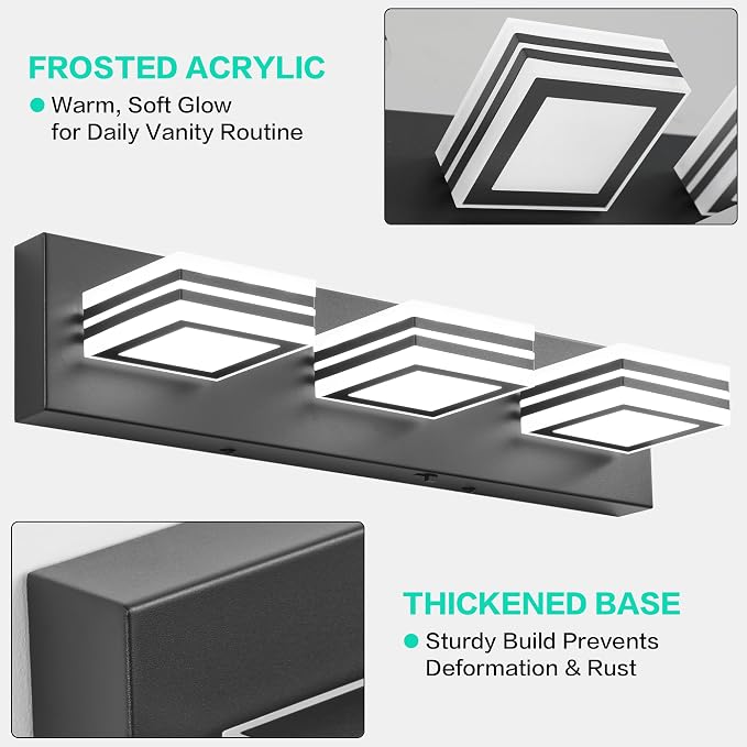 SOLFART LED Bathroom Vanity Light Fixtures： 3 Light Matte Black Modern Acrylic Bathroom Wall Lighting Fixtures Over Mirror 5CCT
