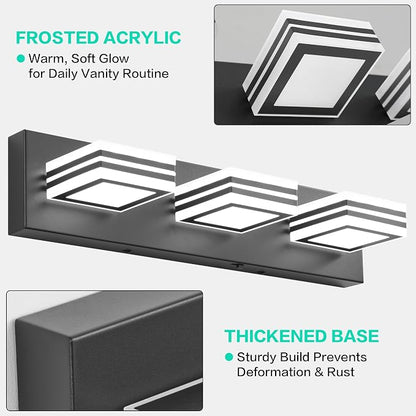 SOLFART LED Bathroom Vanity Light Fixtures： 3 Light Matte Black Modern Acrylic Bathroom Wall Lighting Fixtures Over Mirror 5CCT