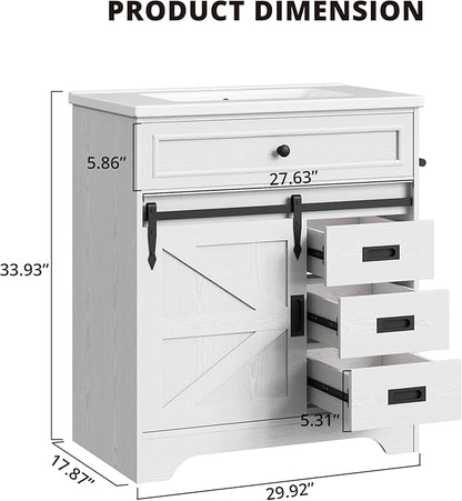 IRONCK 30" Bathroom Vanity with Sink, Farmhouse Bathroom Sink Cabinet with Flip Drawer & Sliding Barn Door, Freestanding Bathroom Vanities with Metal Handles, Paper Towel Holder,White