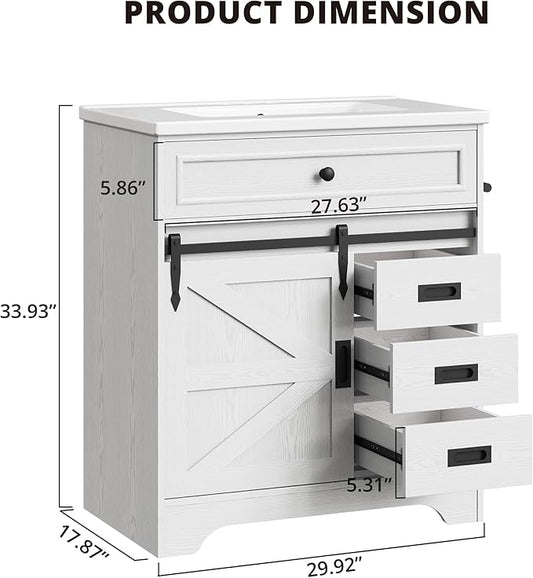 IRONCK 30" Bathroom Vanity with Sink, Farmhouse Bathroom Sink Cabinet with Flip Drawer & Sliding Barn Door, Freestanding Bathroom Vanities with Metal Handles, Paper Towel Holder,White