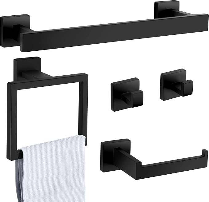 Herogo Matte Black Bathroom Hardware Set 5 Pieces, 16 Inch Bathroom Accessories Bath Towel Bars Set, Including Stainless Steel Toilet Paper Holder, Hand Towel Holder Racks, Hooks & Ring, Wall Mounted