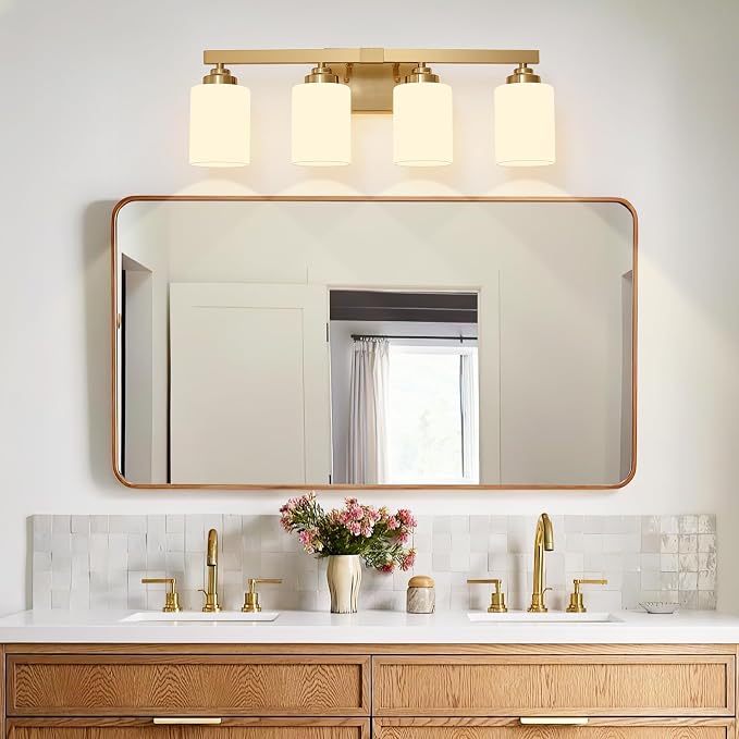 Bathroom Light Fixtures, Vanity Light Over Mirror Gold 4-Light Fixture | Modern bathroom vanity light fixture with metal frame, ideal for mirrors, bedrooms and hallways. Fits E26 bulbs.
