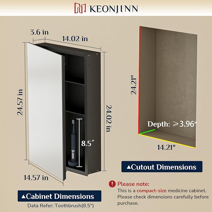Keonjinn Black Medicine Cabinet with Mirror 14"x24", Lightweight Aluminum | Assembly Needed, Adjustable Shelves, Surface Mount or in Wall, HD Tempered Glass, Soft Closing, Bathroom Mirror with Storage