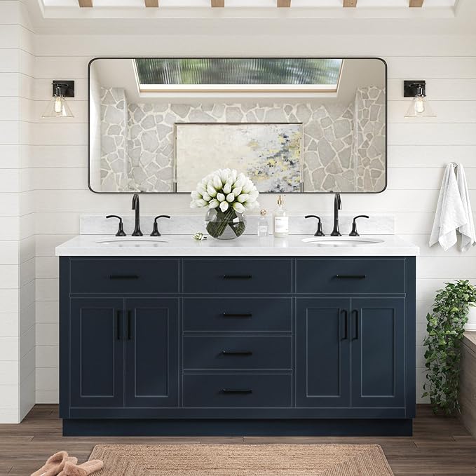 ARIEL Hepburn 66-inch Bathroom Vanity with Sink,Solid Wood, 1.5-inch Italian Carrara Marble Countertop, Double Oval Porcelain Sink, 4 Soft Closing Doors, 6 Dovetail Drawers, Midnight Blue