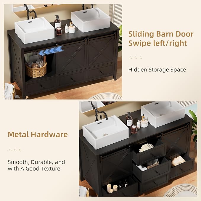 VNN Bathroom Vanity with Sink - 60 Inch Bathroom Vanity Double Sink Ceramic, Freestanding Cabinet with 2 Farmhouse Sliding Barn Doors and 5 Drawers, Space-Saving Storage Cabinet, Black Wood Grain