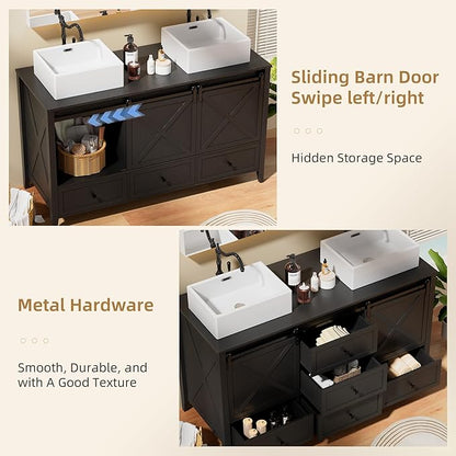VNN Bathroom Vanity with Sink - 60 Inch Bathroom Vanity Double Sink Ceramic, Freestanding Cabinet with 2 Farmhouse Sliding Barn Doors and 5 Drawers, Space-Saving Storage Cabinet, Black Wood Grain