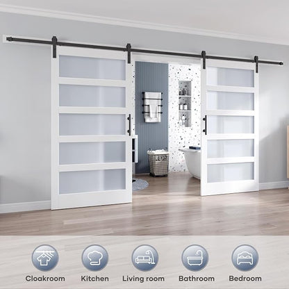 Double 42×84 Inch Glass Barn Door Slab and 14ft Hardware Kit Included, 5 Frosted Glass, LVL Wood Panel Covered with White Water-Proof Scratch-Proof PVC Surface, Simple DIY Assembly