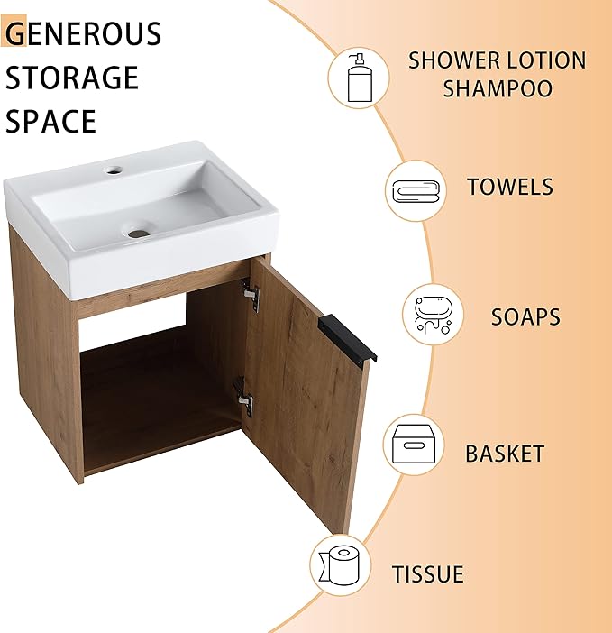 18" Bathroom Vanity with Sink, 18 Inch Floating Bathroom Vanity for Small Space, Modern Bathroom Vanity, Brown Wall Mounted Cabinet Set