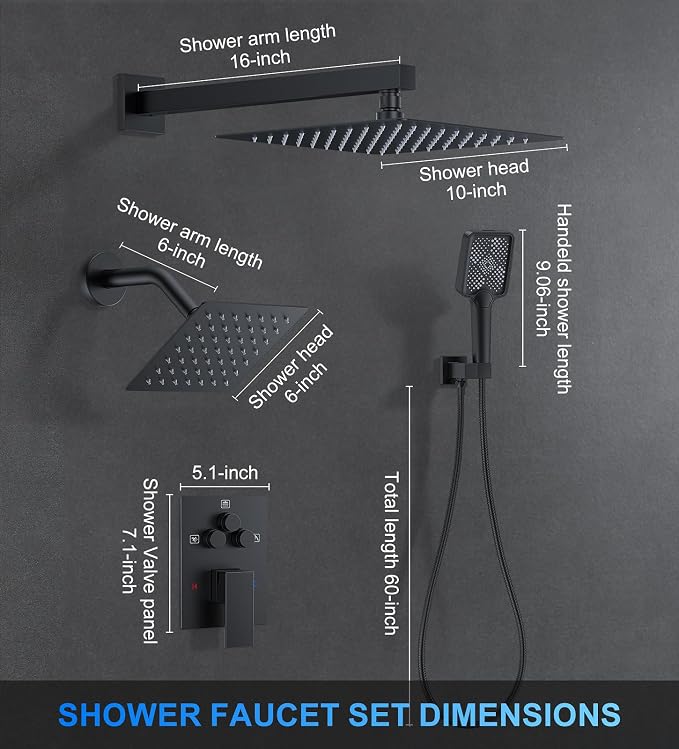 WOINDO Shower Faucet Set, 10" Wall Mount Rainfall Shower System with 2 Rain Shower Head and Multi-function Handheld Head Push Button Diverter Shower Faucet Trim Kit