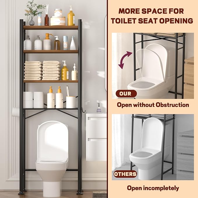 4-Tier Over Toilet Storage with Anti-Tilt Safety System - 150lb Total Capacity Metal Bathroom Shelves Including Paper Holder & 4 Hooks, Space Saving Above Commode Organizer (69.3" H, Brown)