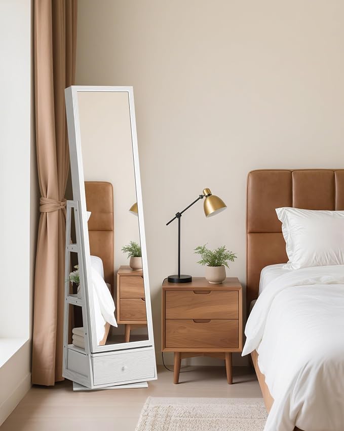 Nicetree 360° Swivel LED Jewelry Cabinet, Full-Length Mirror, Grain White