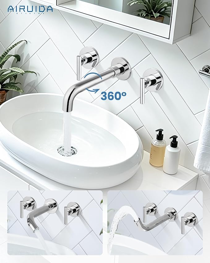 Airuida Wall Mounted Bathroom Sink Faucet,Chrome Polish Vanity Sink Faucet | Lever Handle,3 Holes,360° Widespread Swivel Spout,Rotatable Bathroom Faucet