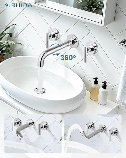 Airuida Wall Mounted Bathroom Sink Faucet,Chrome Polish Vanity Sink Faucet | Lever Handle,3 Holes,360° Widespread Swivel Spout,Rotatable Bathroom Faucet