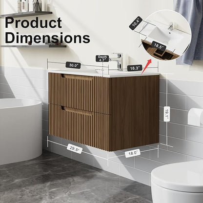 30” Wall Mounted Bathroom Vanity with Sink Floating Bathroom Cabinet Sink Combo, Soft-Close System, 2 Extra Big Drawers, Walnut