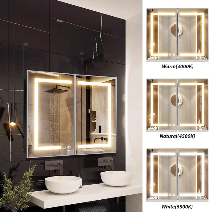 APRILSOUL 40x32 Inch Lighted Bathroom Medicine Cabinet with Mirror, Silver Recessed or Surface Mount Medicine Cabinet Mirror with Storage and LED Lights, 3 Colors Temperature, Dimmable Light