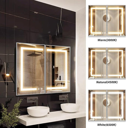 APRILSOUL 40x32 Inch Lighted Bathroom Medicine Cabinet with Mirror, Silver Recessed or Surface Mount Medicine Cabinet Mirror with Storage and LED Lights, 3 Colors Temperature, Dimmable Light