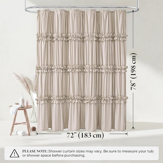 LIPA Boho Rustic Beige Ruffle Shower Curtain 72x78 Inches | Farmhouse Shower Curtains for Bathroom,Water‑Resistant Fabric Shower Curtain,Bohemian Bathroom Decor
