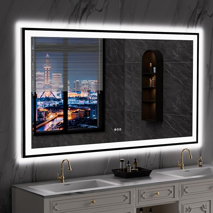 LOAAO 72"X40" LED Bathroom Mirror Black Framed | Anti-Fog, Dimmable, Memory Function, Tempered Glass, Lighted Vanity Mirror for Wall