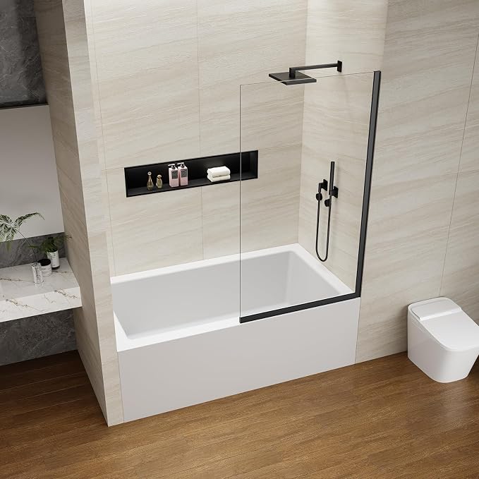 Bathtub Shower Screen 35" x 60" Shower Tub Wall Panel Matte Black | Tempered Glass 3/8 inch, Half Frameless Shower Wall Panel, Easy to clean Coating, Fixed Glass Shower Door With Hardware