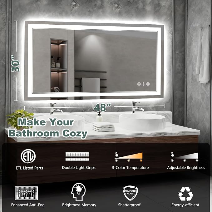 48x30 Inch LED Bathroom Mirror with Lights, 3 Colors Dimmable LED Vanity Mirror, Front and Back Lit, Anti-Fog, Memory Function, Shatterproof Tempered Glass, ETL Listed, Wall Mounted Makeup Mirror