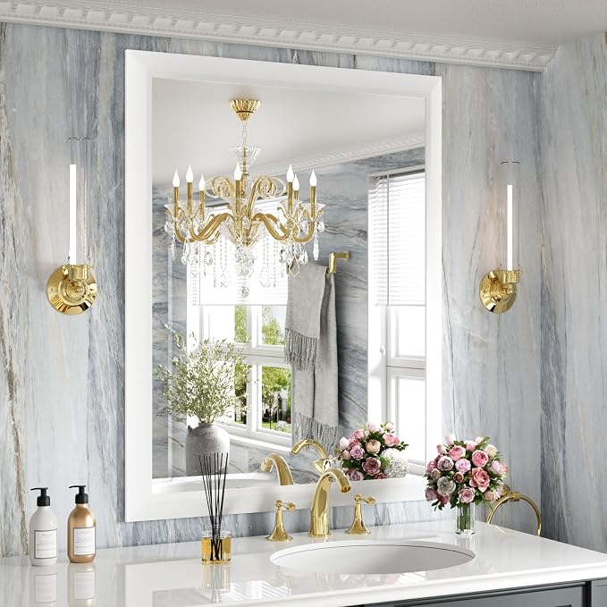 Bathroom Mirror for Wall, 28x36 Inch (White) | HD Reflection, Tempered Glass, Thick Metal Framed Rectangle Mirrors for Over Sink, Bedroom, Living Room, Entryway
