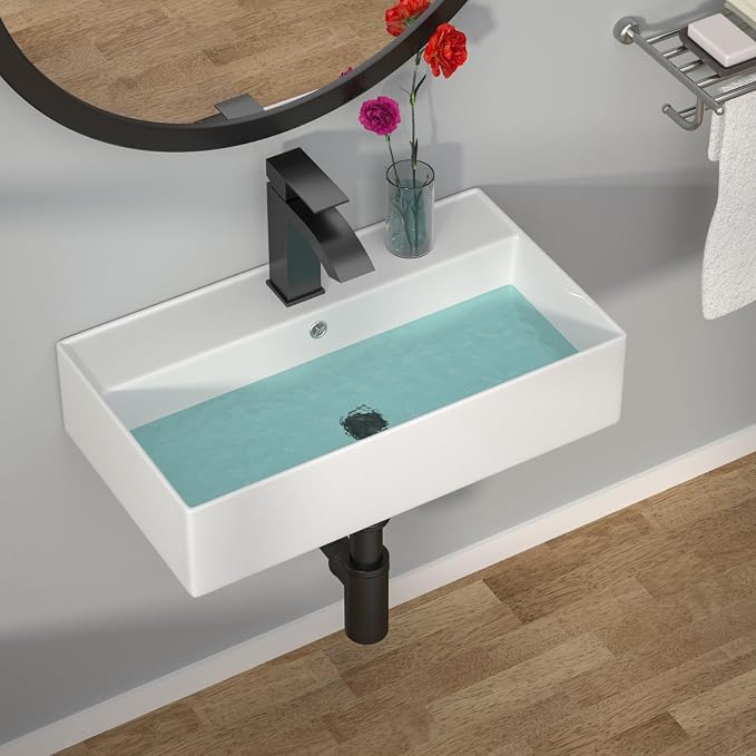 Wallmounted Bathroom Vessel Sink - 21"x12" Rectangular Floating Wall Hung Sinks Ceramic Wash Hand Basin White Wall Mount Vanity Sink for Modern Bathroom