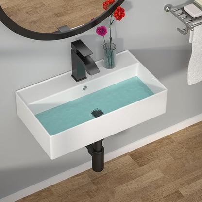 Wallmounted Bathroom Vessel Sink - 21"x12" Rectangular Floating Wall Hung Sinks Ceramic Wash Hand Basin White Wall Mount Vanity Sink for Modern Bathroom