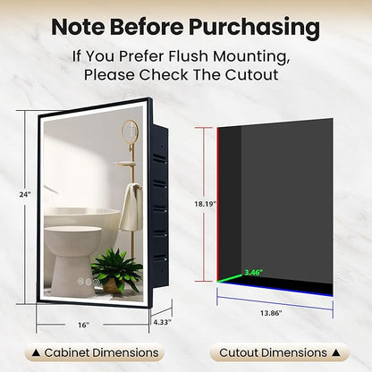 LED Lighted Medicine Cabinet with Mirror, Recessed or Wall Mounted Bathroom Mirror with Storage, Anti-Fog, 3-Color Dimming, Adjustable Shelves, Black Metal Frame - 16x24 inch