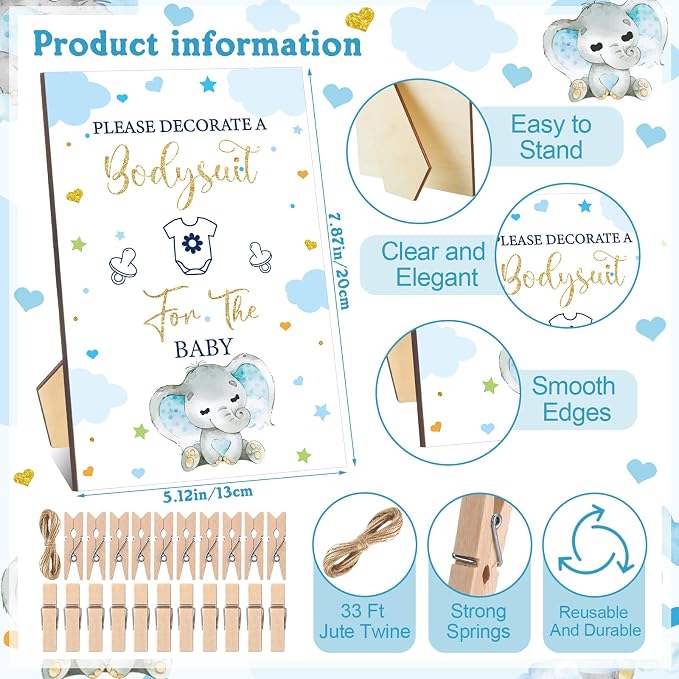 Panitay 126 Pcs Baby Shower DIY Bodysuit Set Bib 25 Blank White Newborn Bodysuit 25 Stencils 24 Marker 1 Sign 50 Pins(Blue Elephant)