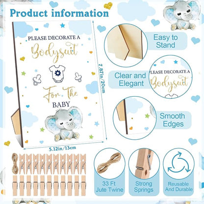 Panitay 126 Pcs Baby Shower DIY Bodysuit Set Bib 25 Blank White Newborn Bodysuit 25 Stencils 24 Marker 1 Sign 50 Pins(Blue Elephant)